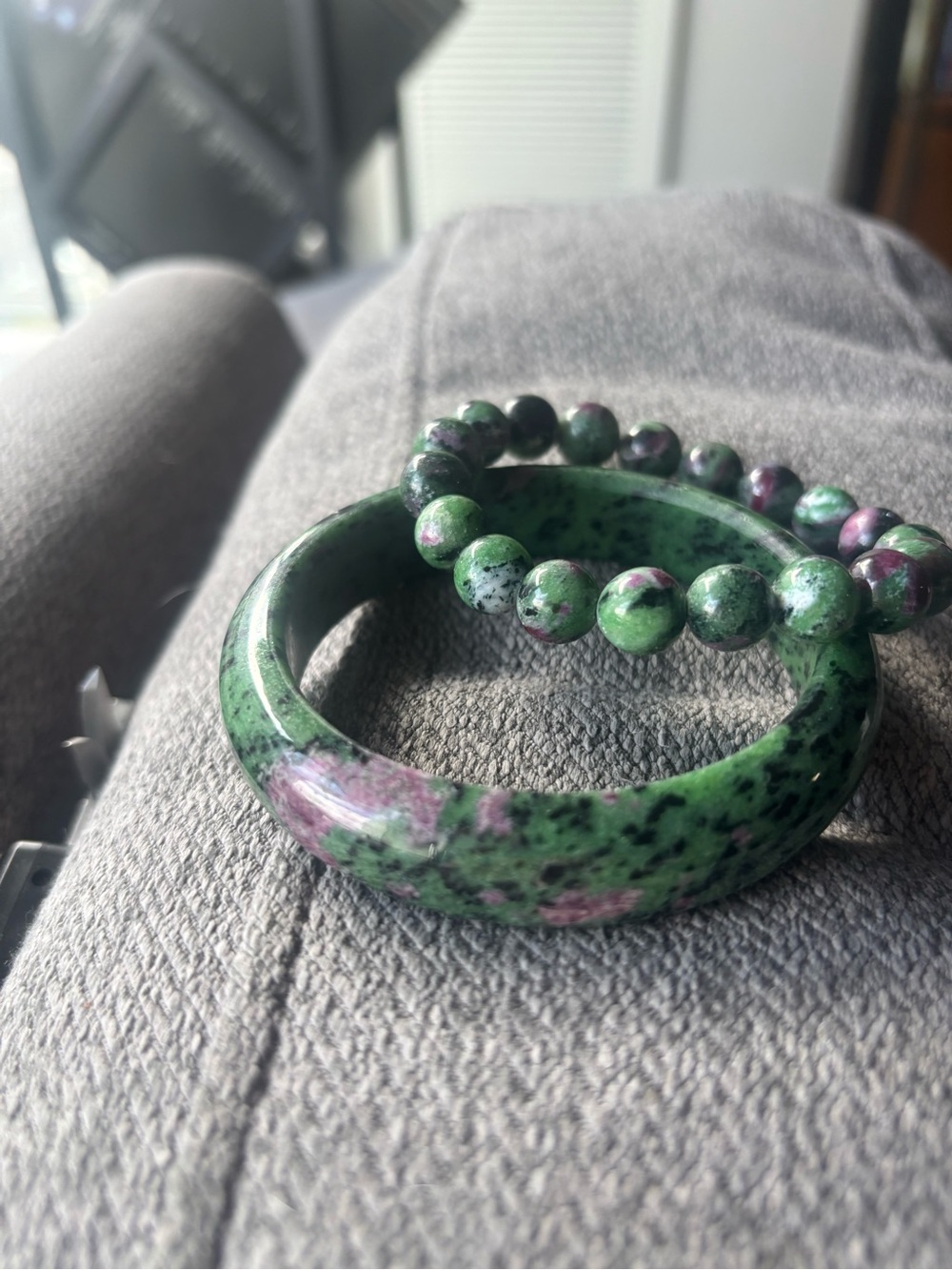 Ruby in Zoisite Bangle and Bead Bracelet Set